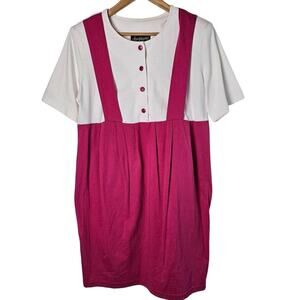 Vintage 80s T-Shirt Dress Womens Size Medium Pink White Jumper Pleated Pockets